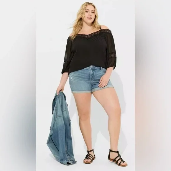 Torrid Elegant Women's Chiffon Black Off-Shoulder 3/4 Sleeve Lace Top Blouse, NW - Picture 4 of 13